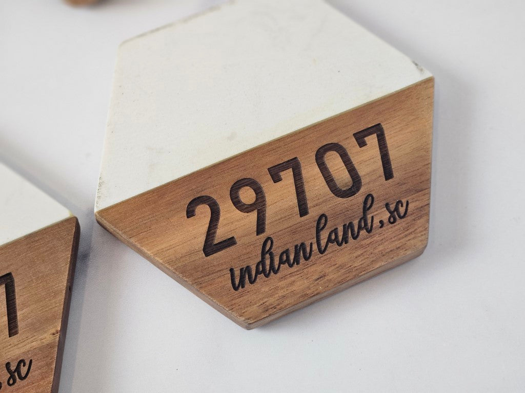 Custom Zip Code Marble & Acacia Wood Coasters (Set of 4)