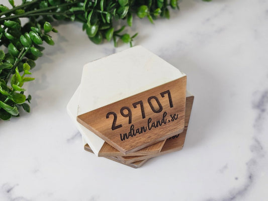 Custom Zip Code Marble & Acacia Wood Coasters (Set of 4)