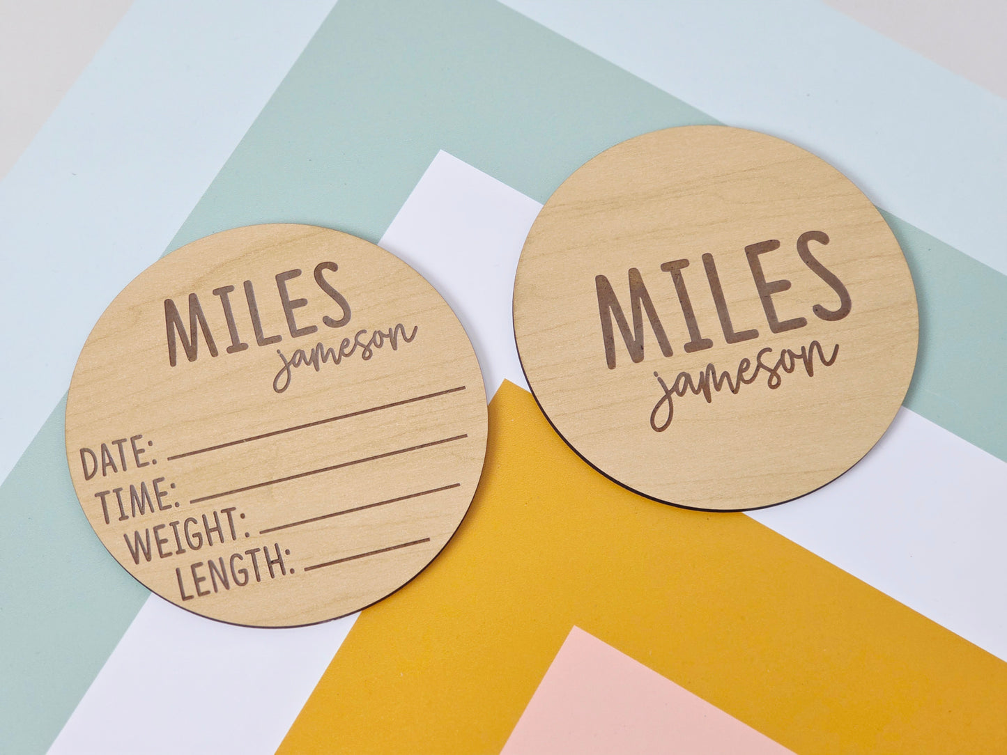Personalized Wooden Name; Birth Stat Round – Nursery & Newborn Keepsake